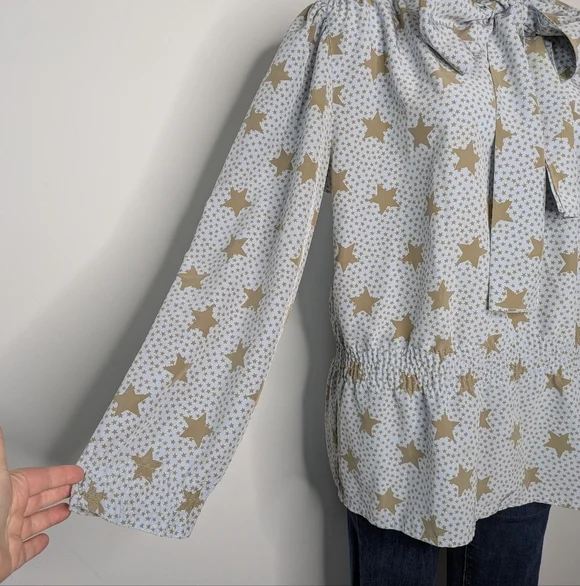 Vintage Louis Feraud Blue Tan Star Tie Neck Long Sleeve Blouse 10 - Picture 4 of 10